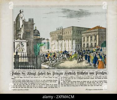 Lithographie couleur du Palais de son Altesse le Prince Friedrich Wilhelm de Prusse, 1859 le Vieux Palais (allemand : Altes Palais), également appelé Palais du Kaiser Guillaume (Kaiser-Wilhelm-Palais), est une ancienne résidence royale prussienne sur le boulevard Unter den Linden à Mitte, le cœur historique et le centre-ville de Berlin. Il a été construit entre 1834 et 1837 sur ordre du prince Guillaume de Prusse, qui devint plus tard Guillaume Ier, empereur allemand, selon les plans de Carl Ferdinand Langhans dans le style néoclassique. Endommagé lors des bombardements alliés de la seconde Guerre mondiale, le Vieux Palais a été reconstruit de 1963 à 1964 dans le cadre de Banque D'Images