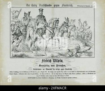 Kronprinz Friedrich Wilhelm von Preußen futur empereur allemand Frédéric III 1870 Frédéric III (allemand : Friedrich Wilhelm Nikolaus Karl 1831 – 1888) était empereur allemand et roi de Prusse entre mars et juin 1888, pendant l'année des trois empereurs. Connu officieusement sous le nom de « Fritz », il était le fils unique de l'empereur Guillaume Ier et a été élevé dans la tradition familiale du service militaire. Banque D'Images