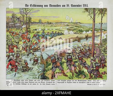 Première Guerre mondiale affiche de propagande allemande d'époque : attaque allemande de Diksmuide (Dixmuiden) le 10 novembre 1914. La ville est attaquée pour la première fois le 16 octobre 1914 et défendue par les troupes belges et françaises, ce qui marque le début de la bataille. Le colonel Alphonse Jacques dirigea les troupes qui empêchèrent Diksmuide d'être pris par l'armée allemande. Banque D'Images