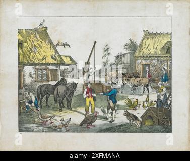 Lithographie vintage de ferme allemande du 19ème siècle. 1835 les enfants vintage du 19ème siècle fabriquent des feuilles pour couper du papier. 1850 la vie rurale au XIXe siècle en Allemagne : des bœufs chez le buveur, une fille puise de l'eau dans le puits, une fille nourrissant des poulets, Un jeune berger parle avec un compatriote, Un fermier détache les chevaux, un chien assis près de la cabine, des paysans allemands en costumes traditionnels Banque D'Images