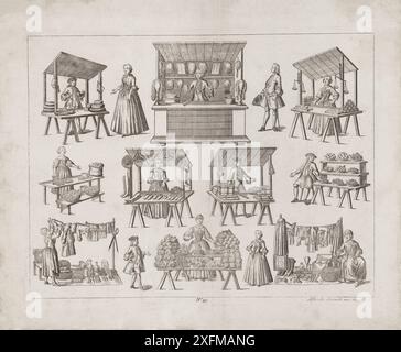 L'illustration vintage du 18ème siècle de différents étals de marché. 1735 Banque D'Images