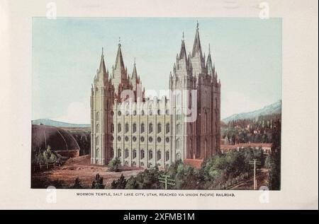 Photo vintage du temple mormon, Salt Lake City, Utah, atteint via Union Pacific Railroad. USA, 1899 Banque D'Images