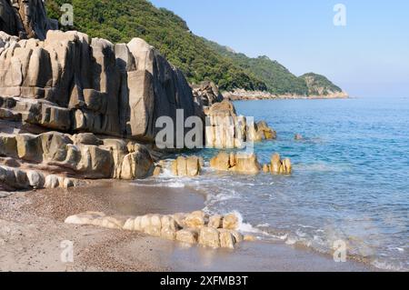 Affleurement rocheux granitique lavé par les vagues, avec forêt méditerranéenne et maquis poussant sur le promontoire au-delà, dans un site du patrimoine mondial naturel de l'UNESCO et Parc National de Corse (Parc naturel régional de Corse), Golfe de Porto, Corse, France, mai 2010. Banque D'Images