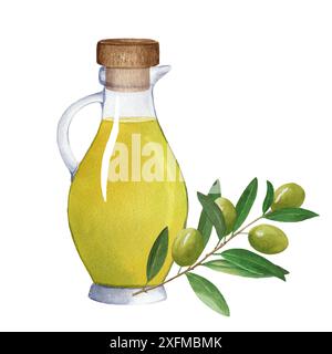 Composition de cruche en verre avec de l'huile et branche d'olivier avec des olives vertes. Illustration d'aquarelle dessinée à la main sur fond blanc. Pour menu, produit et IT Banque D'Images