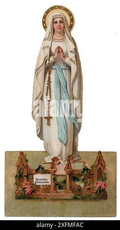 Imagen religiosa troquelada de la Virgen de Lourdes. Impresa en Alemania. años 1900. Banque D'Images