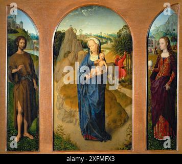 Triptyque le reste sur la fuite en Egypte (panneau central), Saint Jean Baptiste (panneau de gauche), Marie Madeleine (panneau de droite). Musée : Musée du Louvre, Paris. Auteur : HANS MEMLING. Banque D'Images