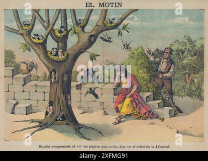 España. Dibujo satírico alusivo a la política Española. Interior de la revista El Motín, editado en Madrid, Mayo de 1887. Alegoría de la República abrumada ante el poder eclesiástico. Banque D'Images