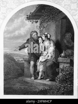 Noir et blanc. Gravure d'Abraham abandonnant Agar et son fils Ismaël tandis que sa femme Sarah et son fils Isaac regardent (Genèse) de l'Illu impérial Banque D'Images