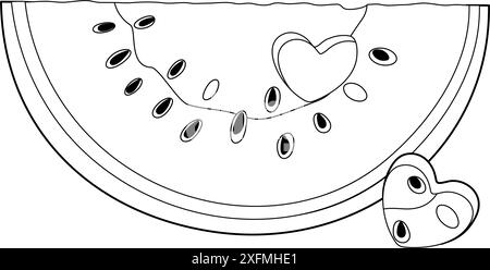 Tranche de pastèque avec trou en forme de coeur. Pastèque mûre coupée dessinée à la main style doodle dessert naturel biologique isolé, page colorante de fruits d'été de melon juteux doux et sain. Illustration vectorielle Illustration de Vecteur