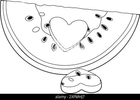 Tranche de pastèque avec trou en forme de coeur. Pastèque mûre coupée dessinée à la main style doodle dessert naturel biologique isolé, page colorante de fruits d'été de melon juteux doux et sain. Illustration vectorielle Illustration de Vecteur