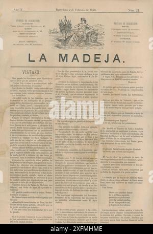 España. Portada de la revista satírica la Madeja, editada en Barcelona, febrero de 1876. Banque D'Images