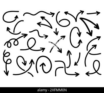 Flèches vectorielles et éléments de conception Doodle. Ensemble d'icônes, de cadres, de bordures et de flèches dessinées à la main dans un style de dessin animé. Éléments pour infographies. Illustration de Vecteur