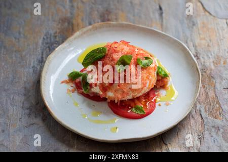 Burrata avec tomates congelées, basilic et huile d'olive Banque D'Images