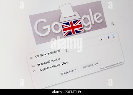 Google Doodle illustration montrant un concept d'urne le 4 juillet 2024 pour les personnes qui se rendent aux urnes pour l'élection générale britannique Banque D'Images