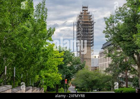 Ithaca, New York, États-Unis - 30 juin 2024 : photo de jour de la tour de l'horloge McGraw recouverte d'échafaudages de construction. Banque D'Images