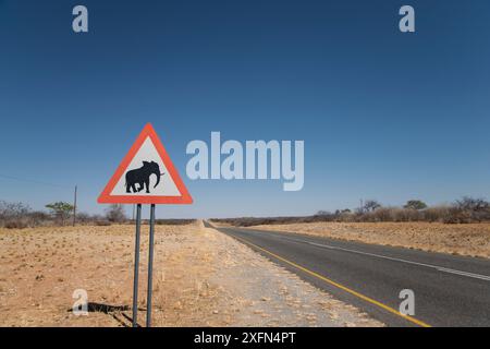 Panneau 'attention aux éléphants' à côté de la route, Namibie, Banque D'Images