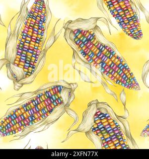 Motif sans couture de maïs d'héritage indien, épis arc-en-ciel sur fond abstrait splash aquarelle. Impression de tissu de maïs pour vêtements, cuisine, papier peint, emballage, scrapbooking, emballage alimentaire, Thanksgiving Banque D'Images