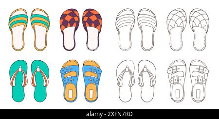 Collection de chaussures masculines pour l'été et la maison dans le style de dessin animé. Chaussures décontractées dessinées à la main pour homme. Conception pour livre de coloriage. Illustration vectorielle Illustration de Vecteur