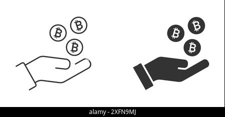 Main et bitcoin. Main avec icônes d'argent. Icône Bitcoin signe symbole de paiement. Logo de crypto-monnaie. Illustration vectorielle Illustration de Vecteur