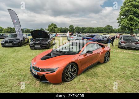 Tarporley, Cheshire, Angleterre, 1er juin 2024. Une BMW i8 orange est affichée lors d'une rencontre automobile. Banque D'Images