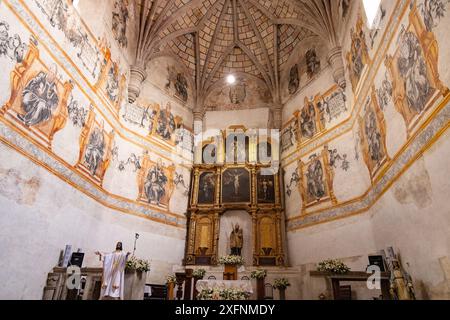 Monastère de San Agustin, église Augustin du XVIe siècle, ancien couvent, Acolman, Mexique ; avec autel et fresques religieuses de la vie du Christ Banque D'Images