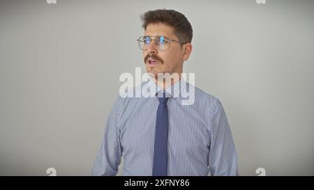 Un beau jeune homme hispanique avec une moustache, vêtu d'une chemise et d'une cravate, se tient sur un fond blanc isolé. Banque D'Images