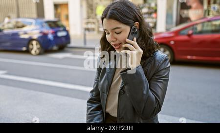 Une jeune femme hispanique parle sur un téléphone portable dans une rue animée de la ville, véhiculant un sentiment de connectivité urbaine. Banque D'Images