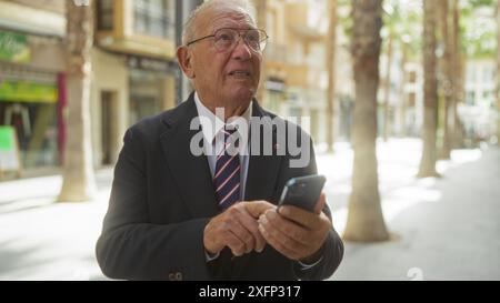 Homme caucasien âgé debout sur une rue ensoleillée de la ville à l'aide d'un téléphone portable Banque D'Images