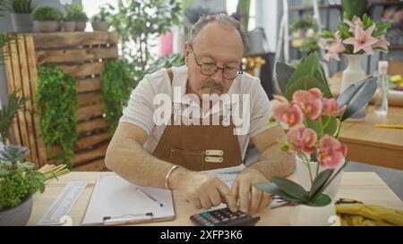 Un homme mûr avec une calculatrice dans un magasin de fleurs entouré de plantes et de papiers. Banque D'Images