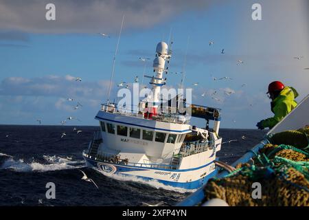 Navire de pêche 'Harvester' venant aux côtés d'un navire partenaire de chalut à paire alors qu'il travaillait à l'ouest des Hébrides, Écosse, Royaume-Uni, mars 2016. Autorisation du propriétaire. Autorisation du propriétaire. Banque D'Images