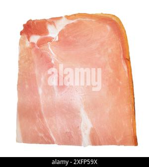 Gros plan d'une seule tranche de prosciutto isolée sur fond blanc, représentant la texture translucide. Banque D'Images