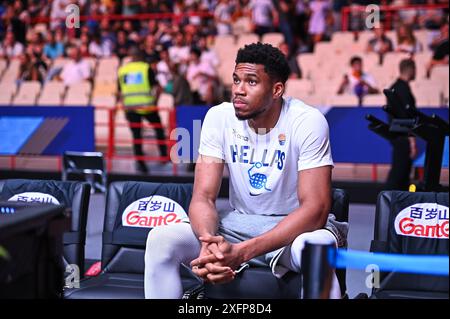 34 Giannis Antetokounmpo de Grèce lors du tournoi de qualification olympique FIBA 2024, match entre l'Égypte et la Grèce au Peace & amp ; Friendship Stadium le 4 juillet 2024, au Pirée, en Grèce. Banque D'Images