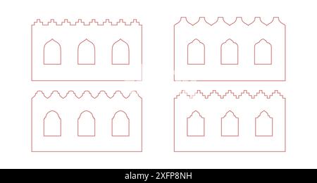 Ligne mur arabe avec fenêtre, arche. Bordure de contour avec motif oriental. Éléments vectoriels avec des bâtiments de ville. Illustration de Vecteur