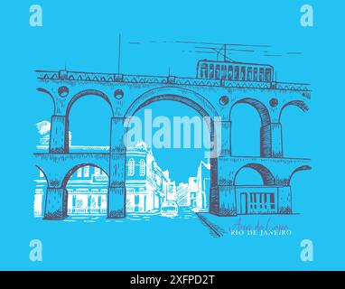 Illustration vectorielle à la main représentant les Arcos da Lapa, situé dans le quartier de Santa Teresa, Rio de Janeiro, Brésil, dans les temps modernes. Illustration de Vecteur