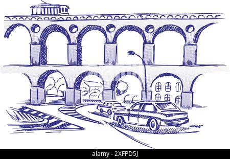 Illustration vectorielle dans le style dépouillé de la scène urbaine de Rio de Janeiro. Dessin-style art des Arcos da Lapa, Rio de Janeiro, Brésil. Illustration de Vecteur