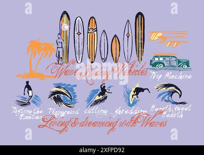 Illustration vectorielle des surfeurs, des vieilles planches et des éléments liés au surf. Art pour impressions sur t-shirts, affiches, etc.. Illustration de Vecteur