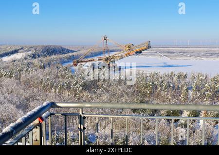 Excavatrice de roue à godets MEURO en hiver dans la région des lacs de Lusace, excavatrice rotative Meuro dans la région des lacs de Lusace en hiver, Brandebourg Banque D'Images