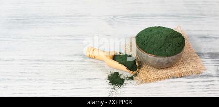 Poudre d'algues de spiruline dans un bol, médecine alternative pour détox, ingrédients alimentaires antioxydants Banque D'Images