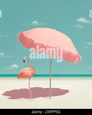 Flamingo avec parasol sur la plage tropicale, couleur rose pastel, concept vacances et été Banque D'Images