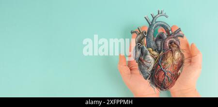 Crise cardiaque, maladie de la myocardite, inflammation du muscle, thrombose et stress cardiaque, mains tenant l'organe humain Banque D'Images