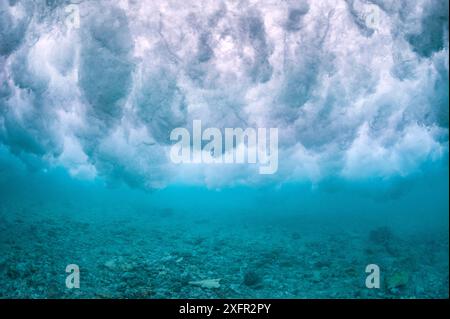 Vague brisant sur la zone de décombres près de la crête du récif corallien. Atoll de BAA, Maldives. Océan Indien. Banque D'Images