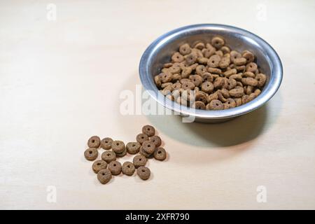 Nourriture pour chats, nourriture sèche disponible dans le commerce à base de sous-produits animaux sous forme de croquettes dans un bol sur un fond en bois, espace de copie, foyer sélectionné, étroit Banque D'Images