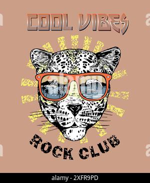 Vecteur, illustration à la main de félins portant des lunettes avec des éléments d'été. Illustration de Vecteur