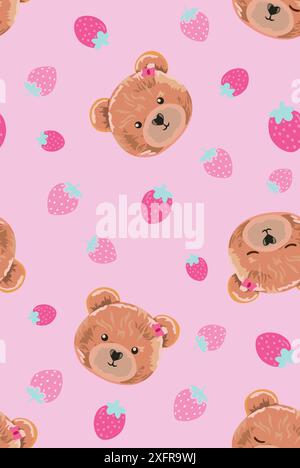 Illustration délicate et belle d'ours dans un style enfantin avec des fraises dispersées au hasard. Illustration de Vecteur