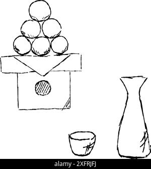 En regardant l'illustration de la ligne de lune ensemble de boulettes offertes à la lune et une petite tasse de saké et la bouteille de saké. Illustration de Vecteur