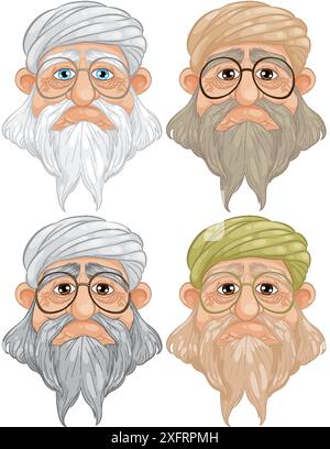 Quatre hommes âgés avec des turbans de différentes couleurs Illustration de Vecteur