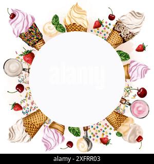 cadre pour crème glacée. Cônes de crème glacée, cônes de chocolat avec des saupoudrages colorés. Glace à la fraise et à la vanille. Illustration aquarelle. Banque D'Images