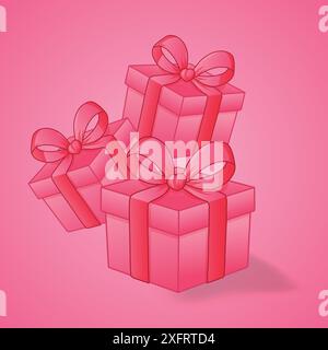 Trois coffrets cadeaux roses avec des noeuds rouges les uns sur les autres. Coffrets cadeaux volant et tombant, concept de célébration et de joie Illustration de Vecteur