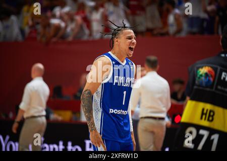 Valencia, Espagne. 04 juillet 2024. Miro Little de l'équipe finlandaise vu en action pendant le match entre la Pologne et la Finlande au Pabellon Fuente de San Luis. Score final ; Pologne 88 : 89 Finlande. Crédit : SOPA images Limited/Alamy Live News Banque D'Images