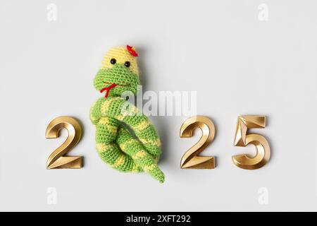 Jouet tricoté serpent vert rayé et numéros verts. Le symbole de l'année 2025 sur fond gris. Banque D'Images